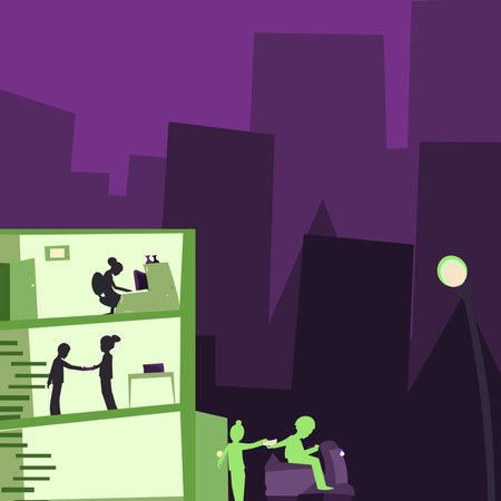 Office Building With Skyscrapers Drawing Showing City Skyline. Different High-Rise Buildings Showing Cityscape Horizon.Towering Architectures Spread Across The Town.のイラスト素材