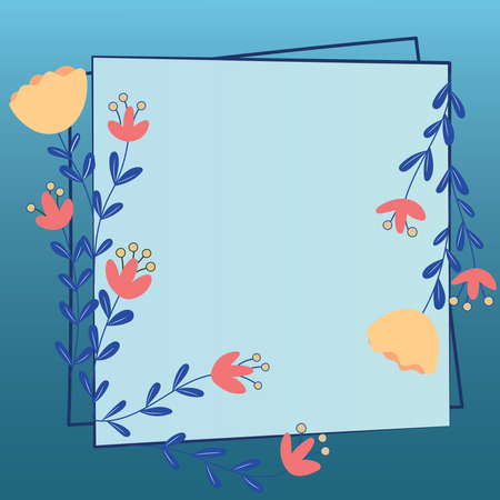 Blank Frame Decorated With Abstract Modernized Forms Flowers And Foliage. Empty Modern Border Surrounded By Multicolored Line Symbols Organized Pleasantly.のイラスト素材