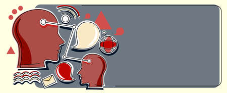 Multiple Heads Connected Showing New Technology Ideas. Gears In Brain Symbols Design Displaying Mechanical And Technical Idea.のイラスト素材