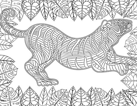 Tiger Line Drawing Surreounded With Flower Frame For Detailed Colouring Bookのイラスト素材