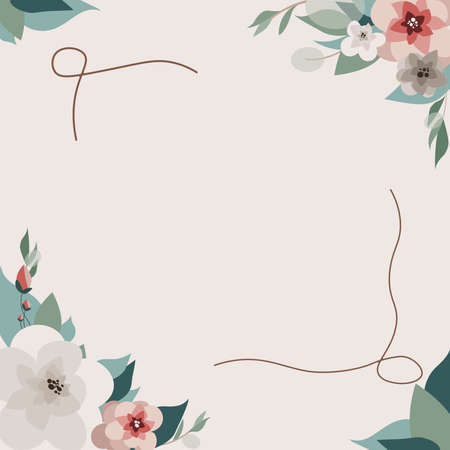 Blank Frame Decorated With Colorful Flowers And Foliage Arranged Harmoniously. Empty Poster Border Surrounded By Multicolored Bouquet Organized Pleasantly.のイラスト素材