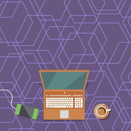 Laptop Resting On A Table Beside Coffee Mug And Plant Showing Work Process. Minicomputer Sitted Top Of Desk Next To Cup Along With Flower Displaying Remote Job Projects.のイラスト素材