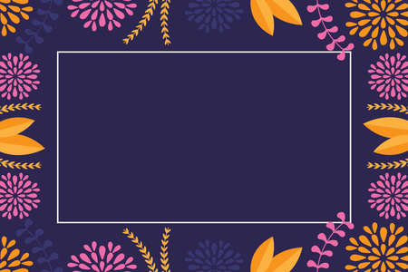 Blank Frame Decorated With Colorful Flowers And Foliage Arranged Harmoniously. Empty Poster Border Surrounded By Multicolored Bouquet Organized Pleasantly.のイラスト素材