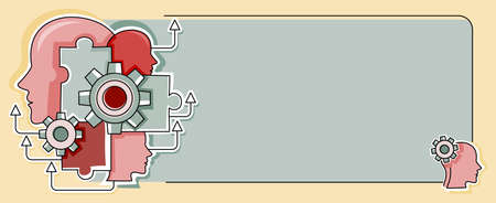 Multiple Heads With Cogs Showing Technology Ideas. Gears In Brain Symbols Design Displaying...