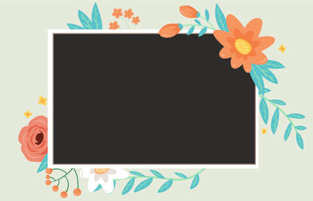 Blank Frame Decorated With Colorful Flowers And Foliage Arranged Harmoniously. Empty Poster Border Surrounded By Multicolored Bouquet Organized Pleasantly.のイラスト素材