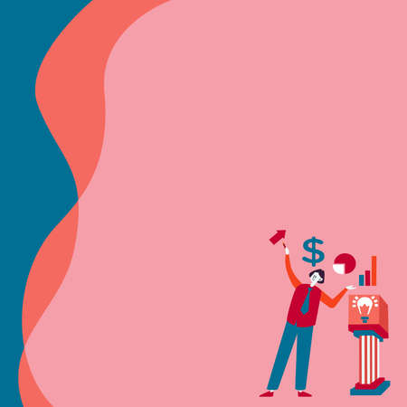 Businessman Standing Alone Presenting Charts And New Financial Ideas With Podium. Employee Using Blazer By Himself Showing Old Amazing Thoughts.のイラスト素材