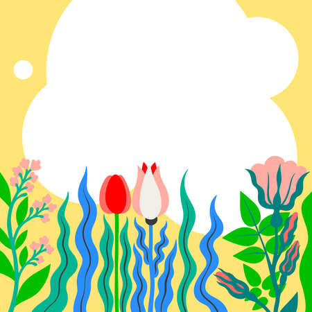Blank Frame Decorated With Abstract Modernized Forms Flowers And Foliage. Empty Modern Border Surrounded By Multicolored Line Symbols Organized Pleasantly.のイラスト素材