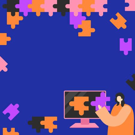 Lady Holding Puzzle Piece Representing Innovative Problem Solving Ideas. Woman Combining Jigsaw...