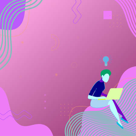 Woman Sitting With Laptop Actively Accomplishing Work From Home With New Thoughts. Girl Busy Typing On Computer Brainstorming New Ideasのイラスト素材