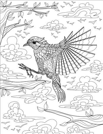 Hawk Line Drawing Landing On Tree Branch Surrounded With Clouds And Details Background Coloring Bookのイラスト素材