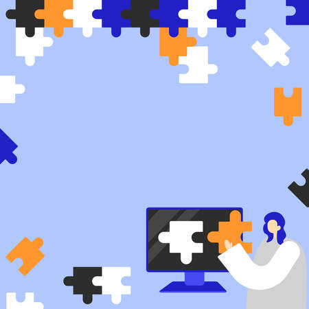Lady Holding Puzzle Piece Representing Innovative Problem Solving Ideas. Woman Combining Jigsaw Puzzles Displaying Creative Thinking Successfully Achieving Goals.のイラスト素材