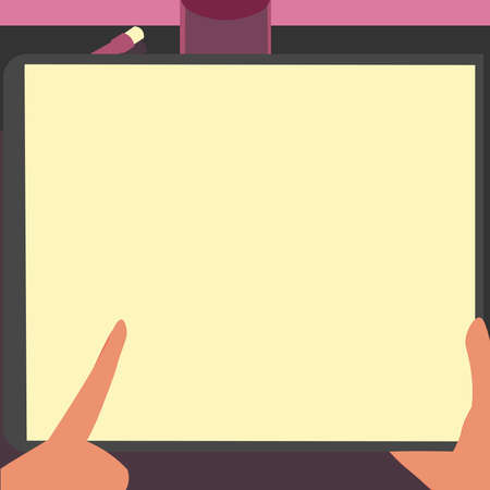 Illustration Of A Hand Using Big Tablet Searching Plans For New Amazing Ideas. Palm Drawing Holding...