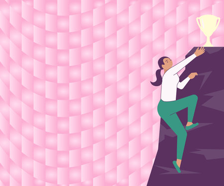 Woman Climbing Mountain Reaching Trophy Representing Successfully Achieving Goals. Lady Moving Upwards Hill Taking Prize Displaying Success Achievements.のイラスト素材