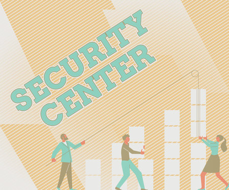 Sign displaying Security Center. Word for centralized unit that deals with security issues of company Illustration Of Partners Building New Wonderful Ideas For Skills Improvement.の写真素材
