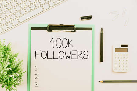 Text caption presenting 400K Followers. Business showcase number of individuals who follows someone...
