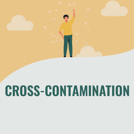 Inspiration showing sign Cross Contamination. Business idea Unintentional transmission of bacteria from one substance to another Man Drawing Raising Hand Sky Standing Hill Showing Success.の写真素材