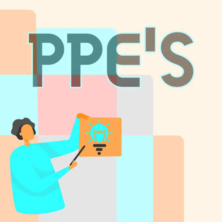 Sign displaying Ppe s is. Business overview Specialized equipment for protection against health and safety hazard Man Standing Holding Paper With Glowing Light Bulb While Pointing Stick.の写真素材