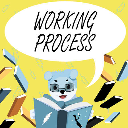 Conceptual display Working Process. Word Written on company s is partially finished goods waiting for completion Fox With Glasses Sitting In Library Reading A Book Studying.の写真素材