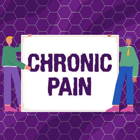Conceptual caption Chronic Pain. Business overview discomfort that persists or progresses over a long period Two Men Drawing With Empty Paper Background Presenting New Ideas.の写真素材