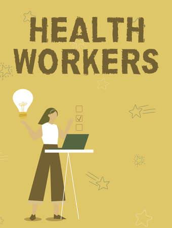 Conceptual caption Health Workers. Internet Concept showing whose job to protect the health of their communities Illustration Of Girl Using Laptop Having Ideas And Making Checklist.の写真素材