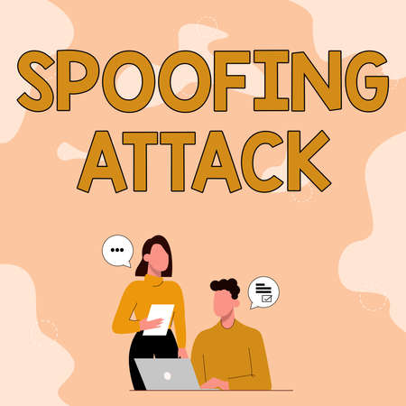 Text caption presenting Spoofing Attack. Word for impersonation of a user, device or client on the Internet Partners Sharing New Ideas For Skill Improvement Work Strategies.の写真素材