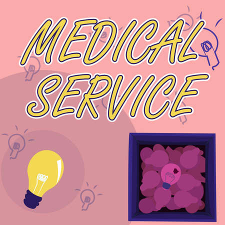Sign displaying Medical Service, Concept meaning care and treatment provided by a licensed medical provider Glowing Light Bulb Drawing In Box Displaying Fresh Discoveries.の写真素材