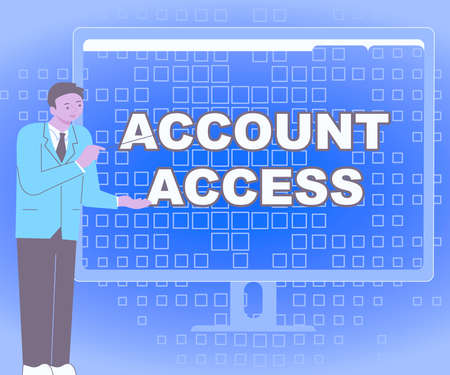 Hand writing sign Account Access. Conceptual photo having permission to use particular data on a computer Businessman Standing Presenting Charts Wonderful Ideas On Computer Screenの写真素材