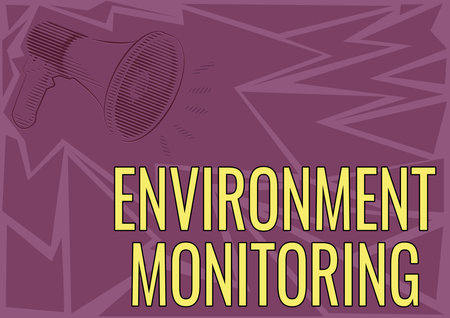 Writing displaying text Environment Monitoring. Business approach observing and studying conditions of the environment Illustration Of A Loud Megaphones Speaker Making New Announcements.の写真素材