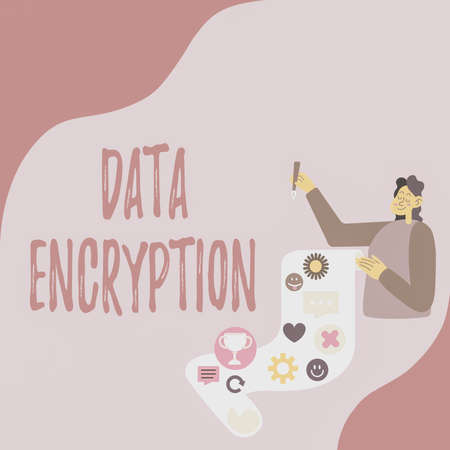 Sign displaying Data Encryption. Business approach Symmetrickey algorithm for the encrypting electronic data Lady Presenting Paper Showing Her Accomplishments Goals Project Ideas.の写真素材