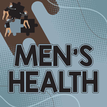Sign displaying Men s is Health. Word for State of complete physical and mental wellbeing of men Team Holding Jigsaw Pieces Helping Each Others To Solve The Problem.の写真素材
