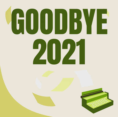Writing displaying text Goodbye 2021. Business approach New Year Eve Milestone Last Month Celebration Transition Vintage Typewriter Drawing With Multiple Floating Papers.の写真素材
