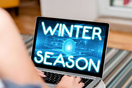 Text showing inspiration Winter Season. Business approach Winter Season Woman Sitting With Laptop Back View Actively Accomplishing Work From Home.の写真素材