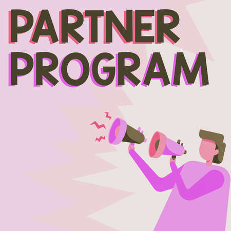 Text sign showing Partner Program. Business overview business strategy vendors use to sell products and services Businessman Drawing Holding A Pair Of Megaphones Making New Announcement.の写真素材