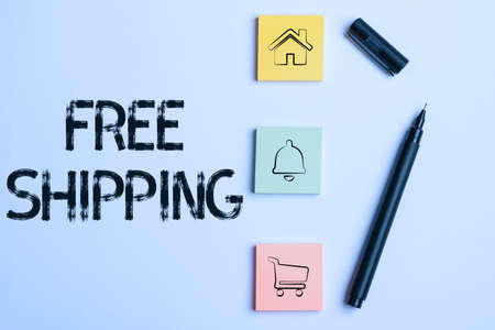 Conceptual caption Free Shipping. Word Written on tactic used primarily by online vendors as sales strategy Flashy School Office Supplies, Bright Teaching Learning Collectionsの写真素材