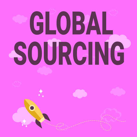 Text showing inspiration Global Sourcing. Word Written on practice of sourcing from the global market for goods Rocket Ship Launching Fast Straight Up To The Outer Space.の写真素材