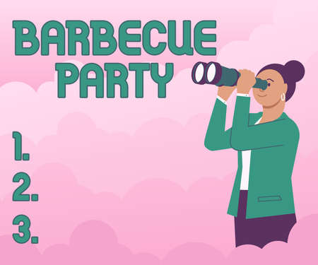 Writing displaying text Barbecue Party. Internet Concept outdoor party where food is cooked on a grill or over a fire Woman Looking Through Hand Held Telescope Seeing New Opportunities.の写真素材