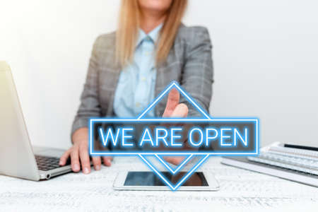 Text caption presenting We Are Open. Business concept We Are Open Architect Interviewing Client, Reporther Gathering Important Informationsの写真素材