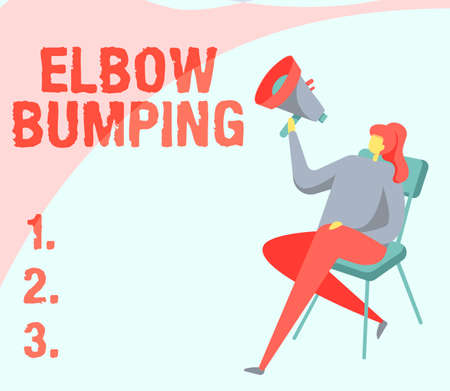 Conceptual caption Elbow Bumping. Business idea newlytrended handshake where two individual touch elbows Woman Drawing Holding Megaphone Sitting On A Chair Crossed Legs.の写真素材
