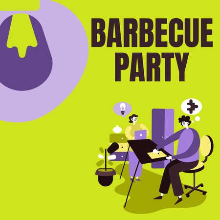 Conceptual caption Barbecue Party. Internet Concept outdoor party where food is cooked on a grill or over a fire Partners Sharing New Ideas For Skill Improvement Work Strategies.の写真素材