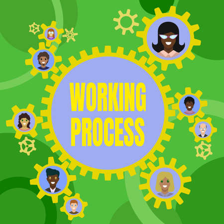 Text showing inspiration Working Process. Word for Working Process Colleagues Presented Inside Cogwheels Showing Definition Of Teamworkの写真素材