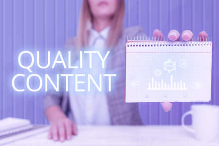 Writing displaying text Quality Content. Business overview content that delivers value and consists of great writing Lady Pressing Screen Of Mobile Phone Showing The Futuristic Technologyの写真素材