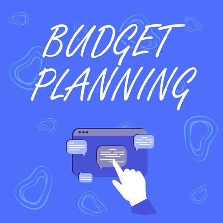Handwriting text Budget Planning. Business idea The written description about current and future expenses Hand Showing Graph Growth Pointing Web Browser Screen.の写真素材