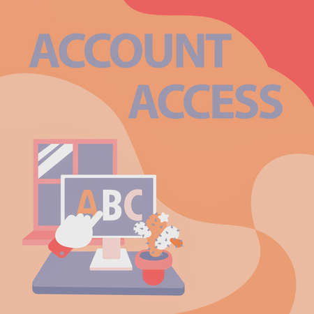 Text showing inspiration Account Access. Word Written on having permission to use particular data on a computer Hand Showing Letters Pointing Web Browser Screen With Cactus On Side.の写真素材