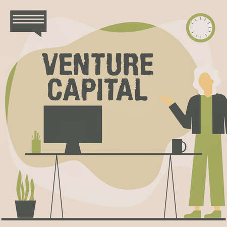 Text sign showing Venture Capital. Business concept financing provided by firms to small early stage ones Woman Standing Office Using Laptop With Speech Bubble Beside Plant Vase.の写真素材