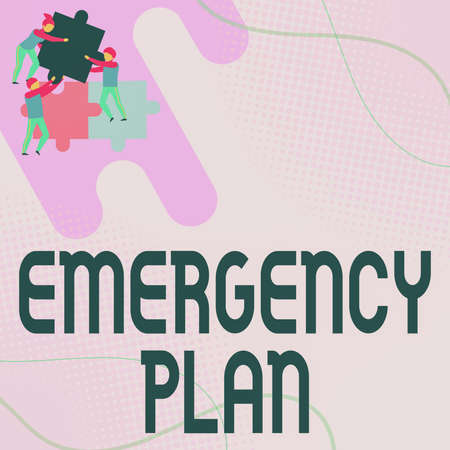 Inspiration showing sign Emergency Plan. Business concept Procedures for response to major emergencies Be prepared Team Holding Jigsaw Pieces Helping Each Others To Solve The Problem.の写真素材