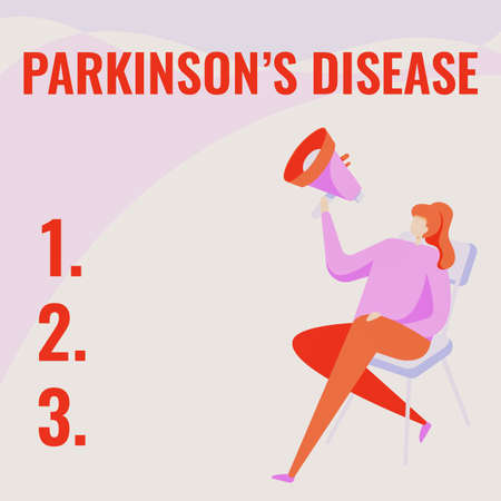 Sign displaying Parkinsons Disease. Word Written on chronic progressive neurological disease of later life Woman Drawing Holding Megaphone Sitting On A Chair Crossed Legs.の写真素材