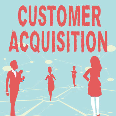 Text showing inspiration Customer Acquisition. Business idea it refers to gaining new consumers to the business Several Team Members Standing Separate Thinking Connected Lines On Floor.の写真素材