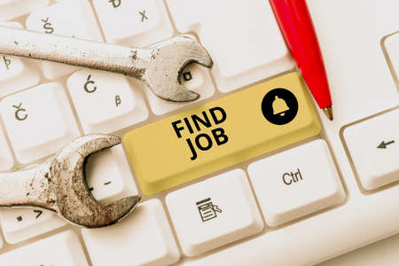 Text sign showing Find Job. Concept meaning An act of person to find or search work suited for his profession Connecting With Online Friends, Making Acquaintances On The Internetの写真素材