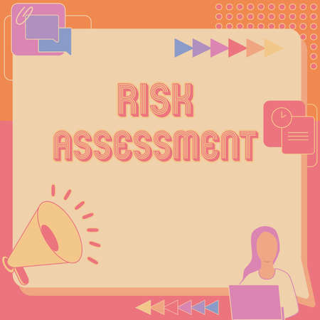 Inspiration showing sign Risk Assessment. Concept meaning estimation of the levels of risks involved in a situation Woman Drawing Sitting Working Next To Megaphone Making New Announcementの写真素材