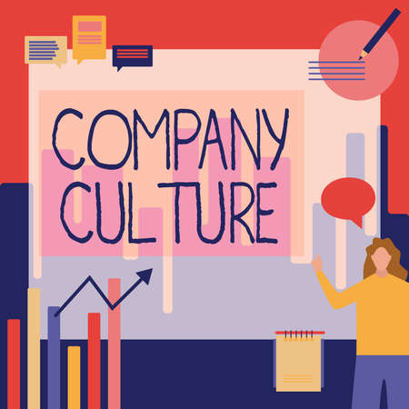 Sign displaying Company Culture. Business showcase The environment and elements in which employees work Businesswoman Casual Standing Presenting Charts And New Wonderful Ideas.の写真素材
